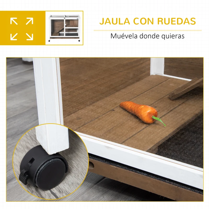PawHut Conejera de Madera con Ruedas 91,5x53,3x73 cm Jaula para Conejos de 2 Niveles con Techo Abatible Marrón