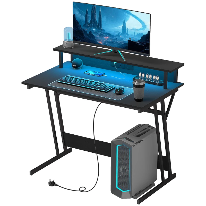 HOMCOM Two-Level LED Gaming Desk - Black