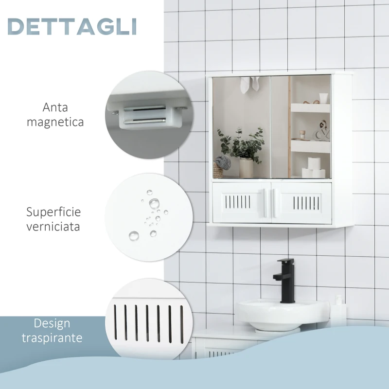 kleankin Mobiletto Bagno Pensile con Antine a Specchio, 55x17.5x60cm - Bianco