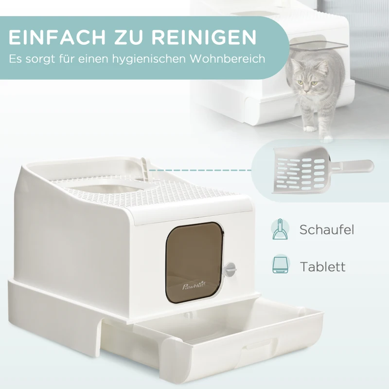 PawHut Katzentoilette mit Abdeckung inkl. Schaufel, Einstieg vorne und oben, Weiß + Grau