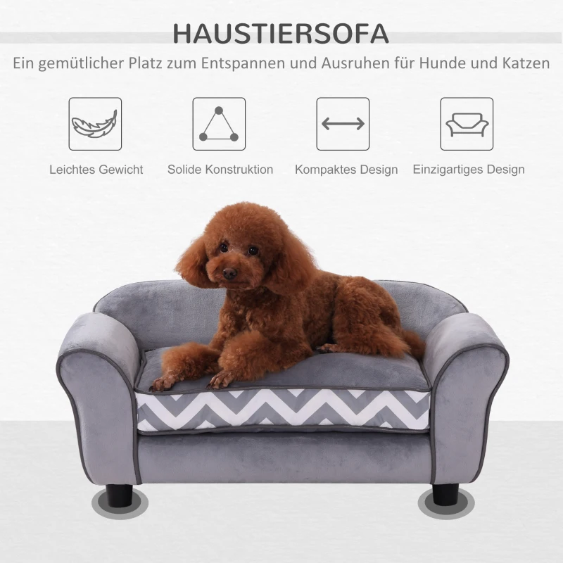 PawHut Hundesofa, Haustiersofa mit erhöhten Füßen, Hundecouch, Hundeliege mit Kissen, Hundebett, Katzensofa, Waschbar, Samt, Grau, 73,5 x 41 x 33 cm
