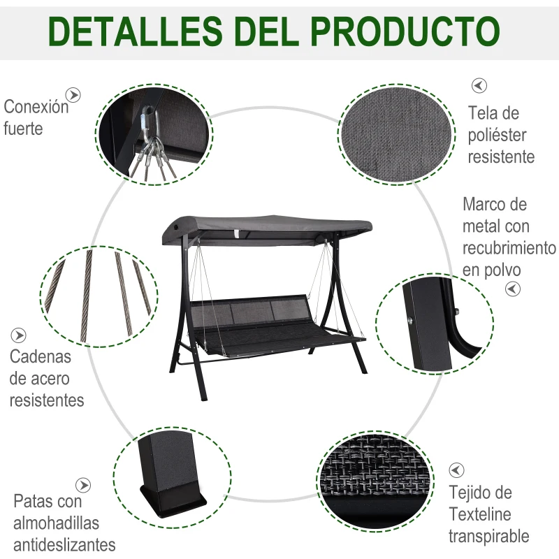 Outsunny Balancín con Toldo Ajustable de 3 Plazas Columpio de Jardín con Dosel Cojines para Exterior Terraza Patio Carga 270 kg 200x115x168 cm Gris