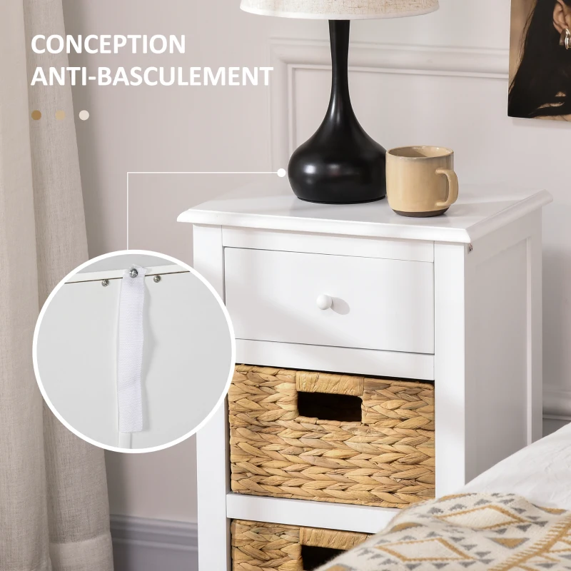 HOMCOM Table d'appoint, Bout de canapé, Chevet avec 1 tiroir et 2 paniers amovibles naturels effet rotin et MDF blanc