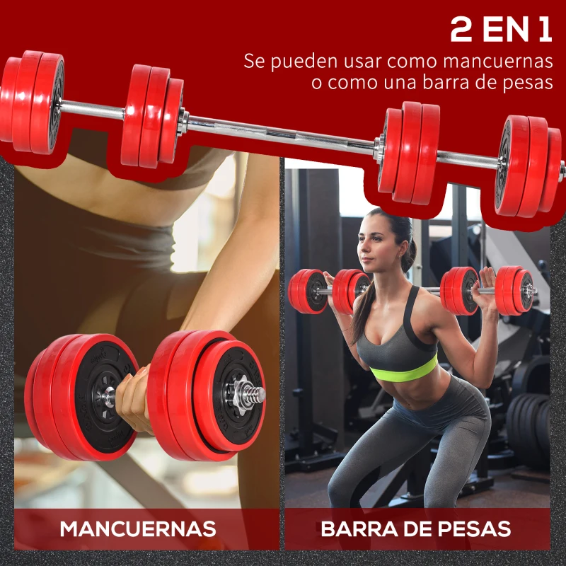 HOMCOM Juego de Mancuernas 30 kg Ajustables 2 en 1 con 12 Discos 2 Barras y Biela Ajustable para Entrenamiento de Fuerza Levantamiento de Pesas Hogar Gimnasio Oficina Negro y Rojo