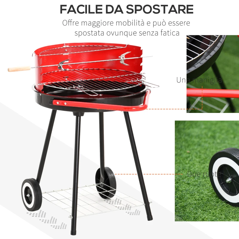Outsunny Grill BBQ Barbecue a Carbonella Doppia Griglia Regolabile con Ruote Acciaio 51x70x75.5cm Nero e Rosso