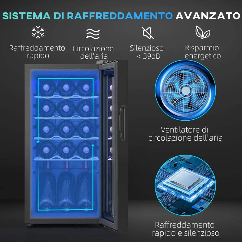 HOMCOM Cantinetta Vino Frigo per 15 Bottiglie, Capacità 44L, con Controllo Temperatura e Ripiani Regolabili, Nero