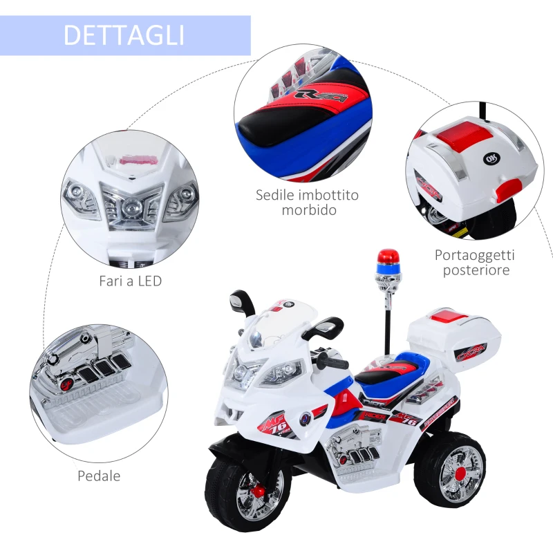 HOMCOM Moto Elettrica per Bambini da 3-5 Anni Motorino Elettrico Giocattolo 3 Ruote con Musica, Velocità 3KM/h, Luci 112×51×72.5cm