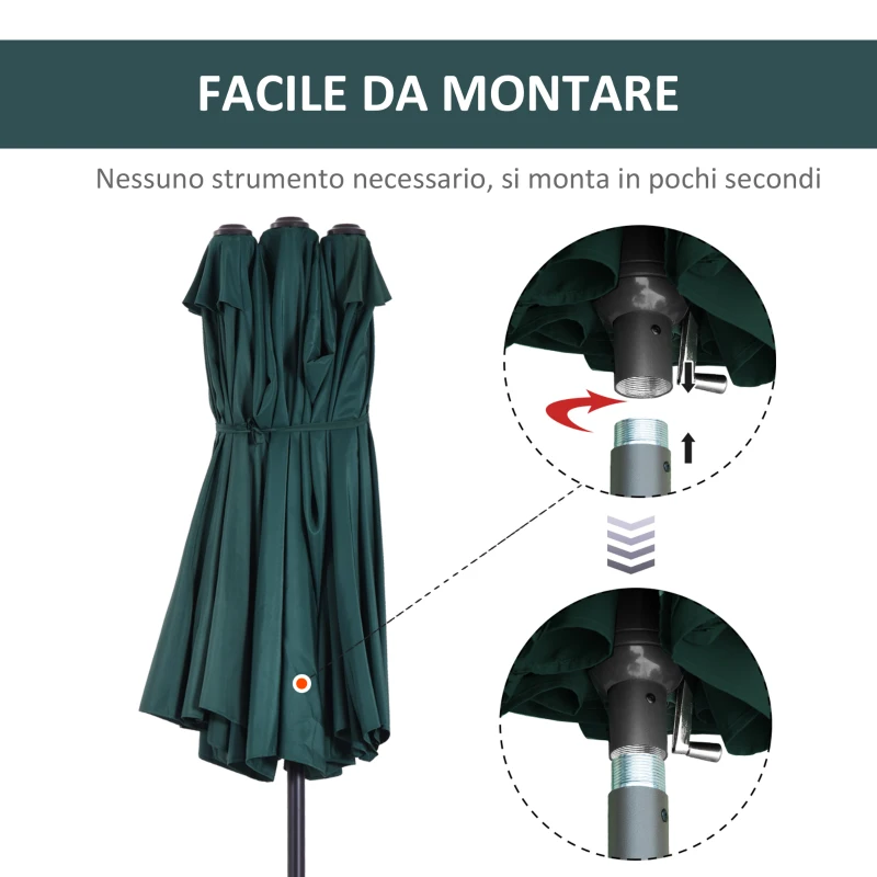 Outsunny Ombrellone da Giardino Doppio con Apertura a Manovella, in Acciaio e Poliestere, 455x265x238cm, Verde Scuro