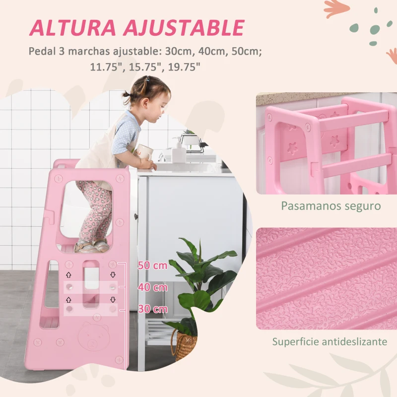 HOMCOM Torre de Aprendizaje para Niños Taburete Infantil con Altura Ajustable en 3 Posiciones para Cocina Baño 47x47x90 cm Rosa