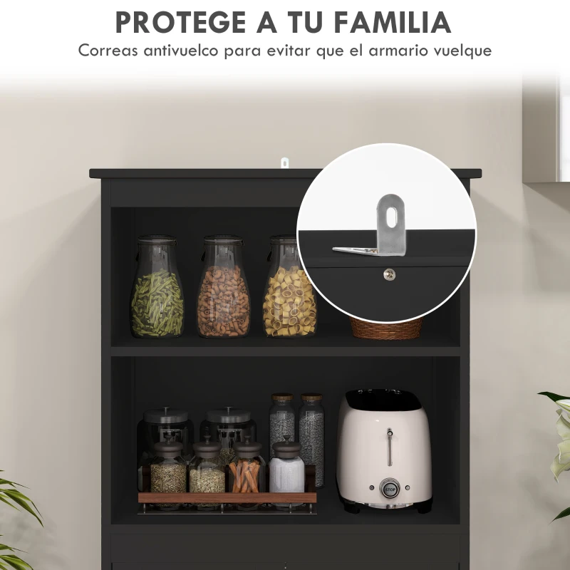 HOMCOM Aparador de Comedor Armario de Cocina con 4 Puertas 2 Estantes Abiertos y Estante Ajustable para Salón 60x30x162cm Negro