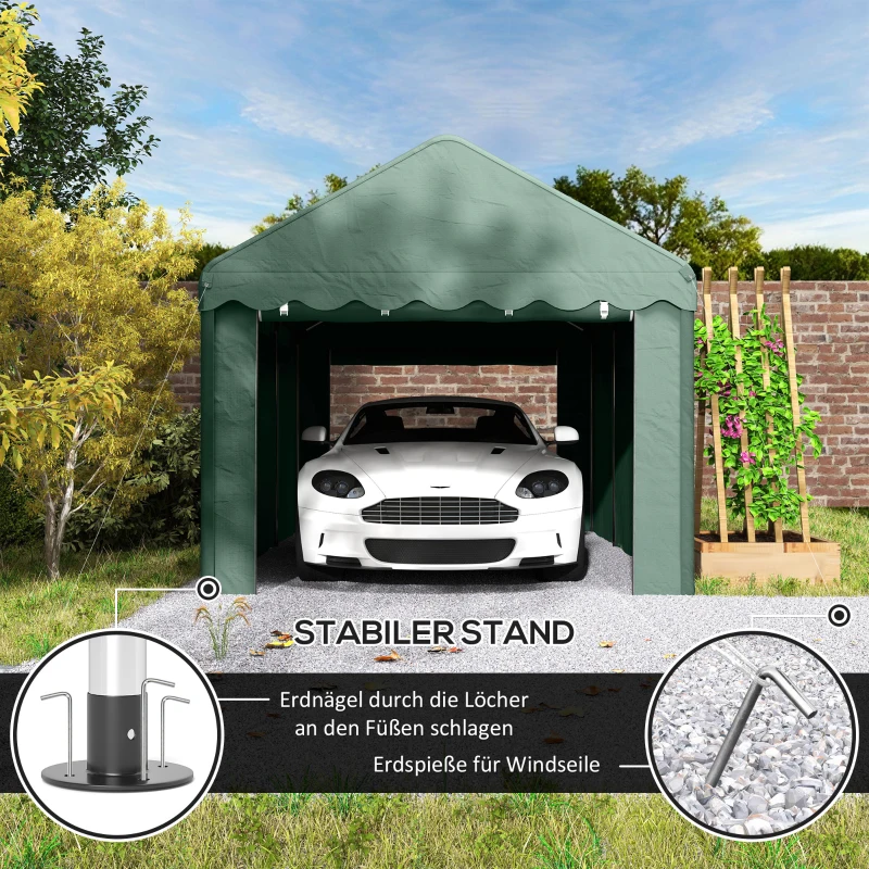 Outsunny 3x6 m Tragbarer Carport, Fahrzeugunterstand mit 2 Eingängen, Polyesterdach, für Autos, Boote, Gartengeräte, Dunkelgrün(m-7)