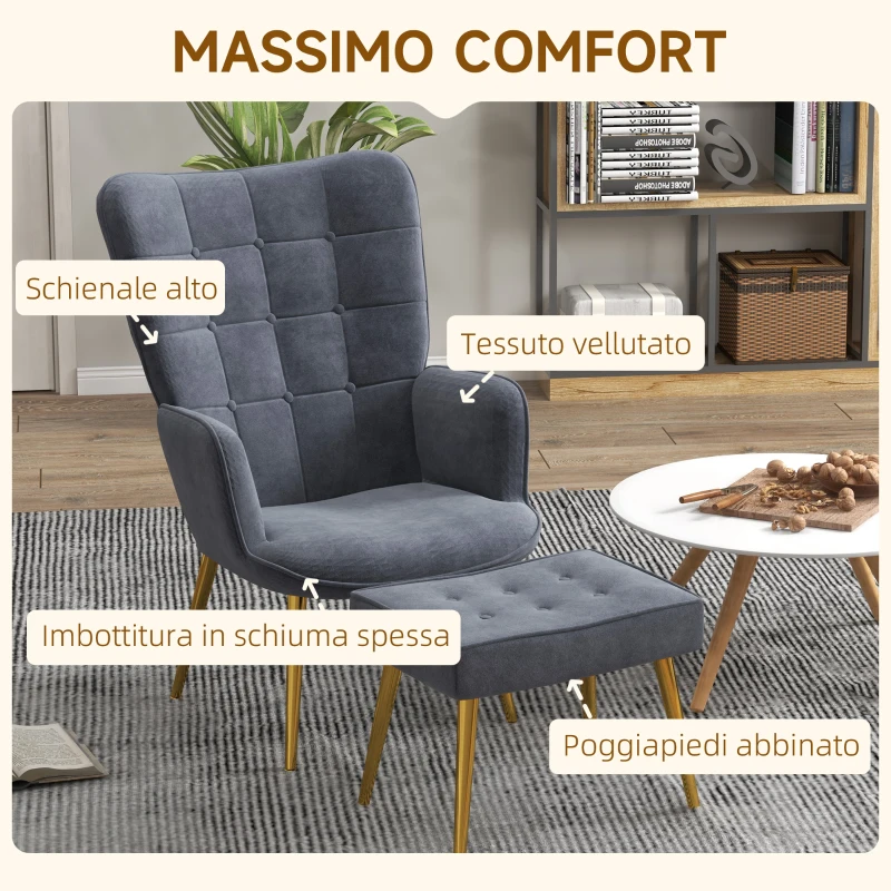 HOMCOM Poltrona Moderna con Pouf Poggiapiedi, Set Vellutato e Imbottito con Gambe Dorate, Grigio