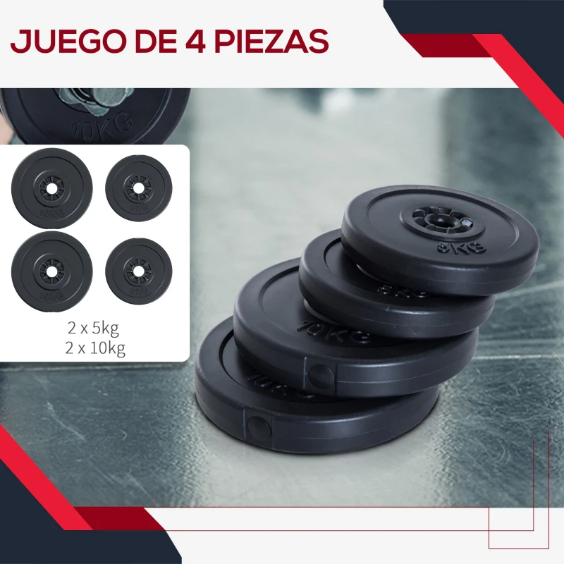 HOMCOM Juego de 4 Discos de Pesas de 2x5 kg y 2x10 kg Juego de Placas de Pesas con Agujero de Ø25 mm para Barra o Mancuernas Entrenamiento de Fuerza Levantamiento de Pesas Negro