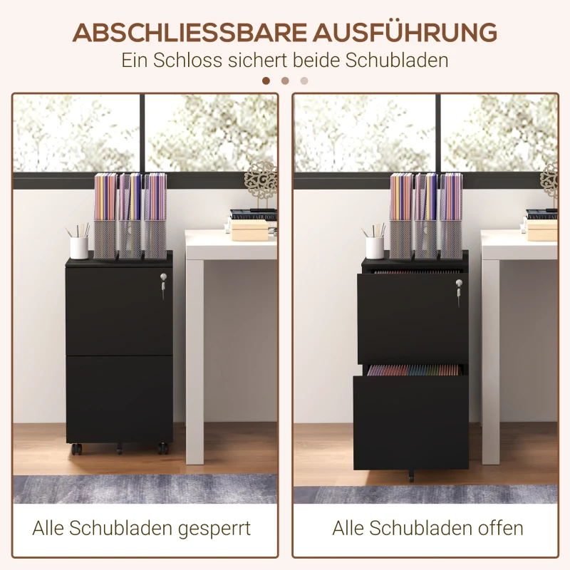 Vinsetto Rollcontainer Aktenschrank, 2 Schubladen, ab­schließ­bar, rollbar, 37 cm x 43,5 cm x 67,5 cm, Schwarz