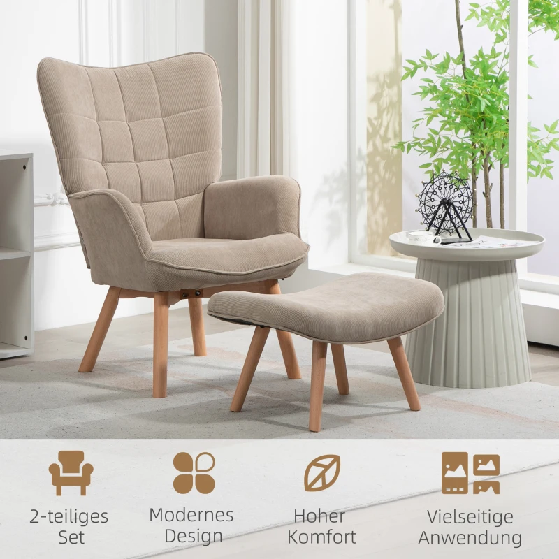 HOMCOM Akzentsessel mit Hocker, Relaxsessel in Cord-Optik, Armlehnstuhl mit Holzbeinen, für Wohnzimmer, Hellbraun(m-6)