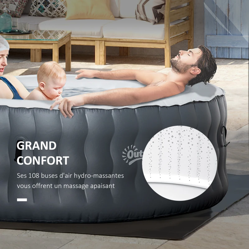 Outsunny Spa Gonflable Rond - 930 litres 108 Jets de Massage - 4 Personnes avec bâche, 2 Cartouches filtrantes - Liner PVC Blanc Gris
