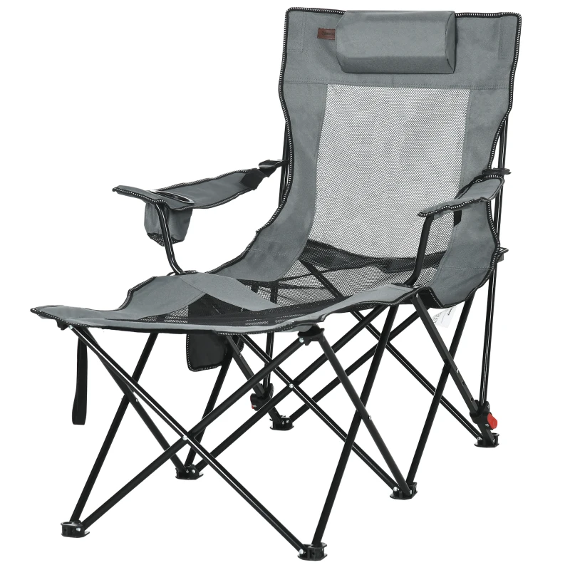 Outsunny Foldable Reclining Garden Chairs with Footrest and Adjustable Backrest, Portable Camping Chair with Headrest, Cup Holder, Side Pocketand Carry Bag for Outdoor, Grey