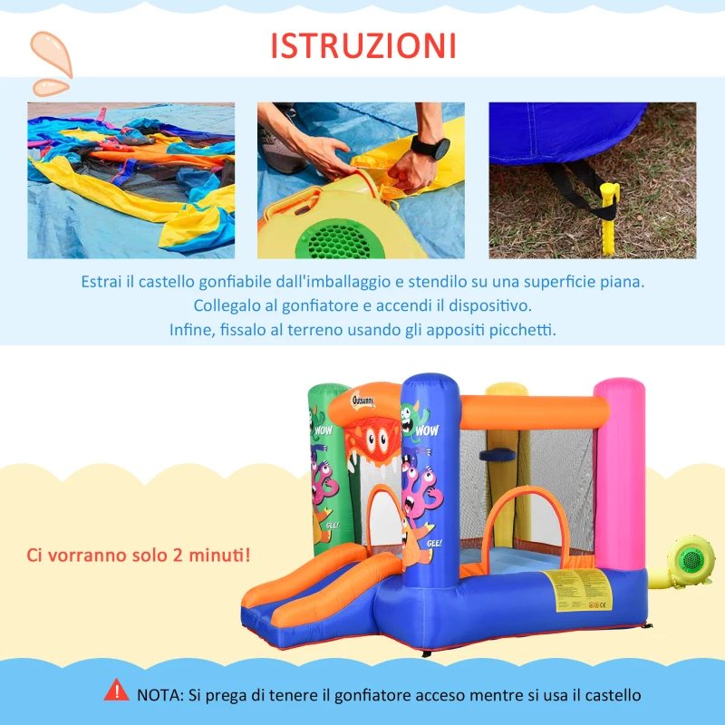 Outsunny Casa Gioco Castello Gonfiabile Gigante per Bambini 3-8 anni Trampolino Rimbalzante Colorato con Scivolo e Canestro 250cmx180cmx175cm