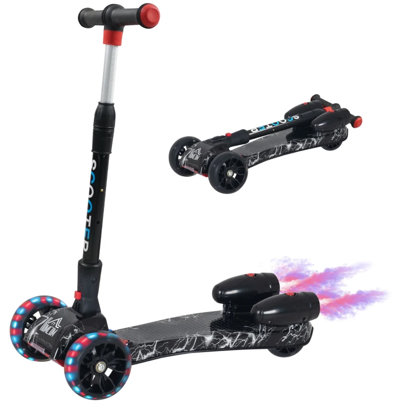 HOMCOM Monopattino a 3 Ruote per Bambini Piccoli 3-6 Anni, Pieghevole, Regolabile con Musica, Ruote Luminose e Razzi, Nero