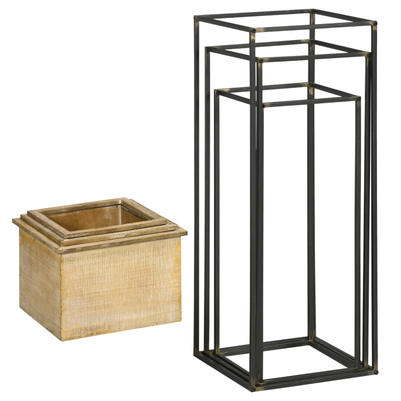 Outsunny 3er-Set Pflanzenständer, 3 Größen, Metallrahmen, rustikale Holzoptik, quadratische Blumenkästen