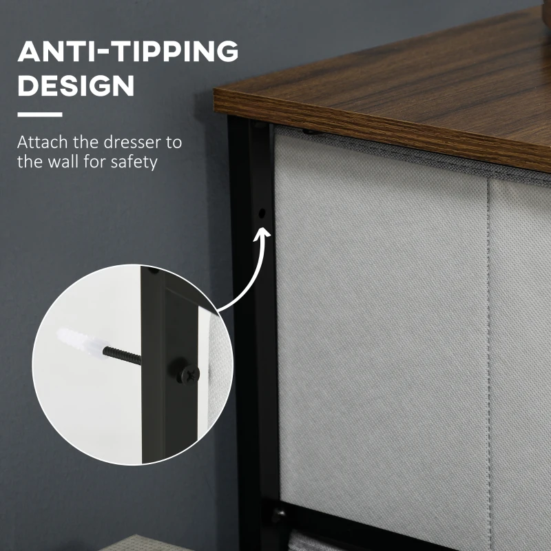 HOMCOM Fabric Chest of Drawers, Industrial Bedroom Dresser with 5 Fabric Drawers, Steel Frame and Wooden Top for Nursery, Living Room, Hallway, Grey