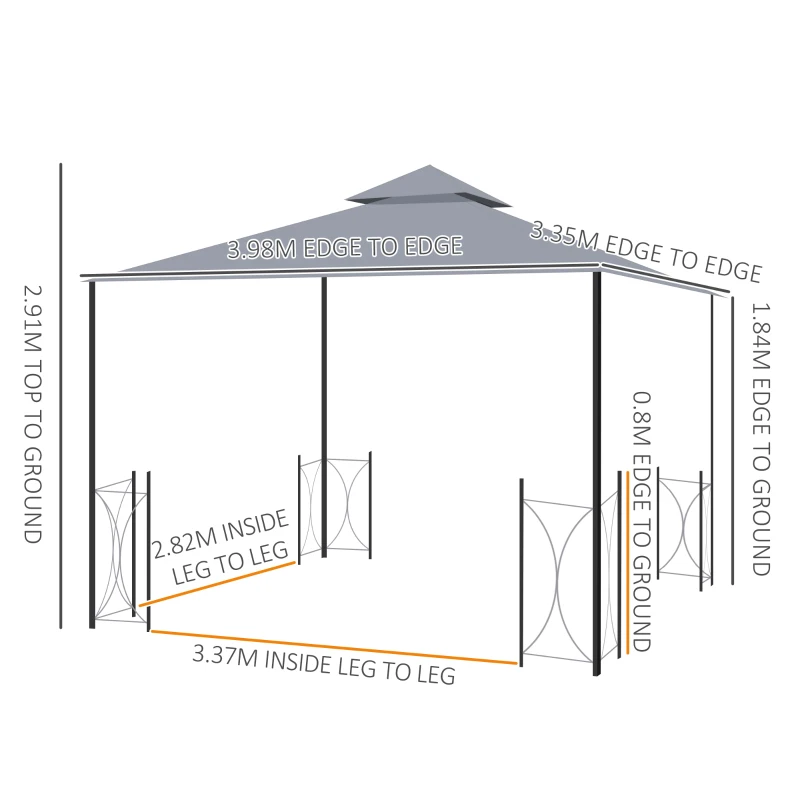 Outsunny 4 x 3.35(m) Patio Metal Gazebo Canopy Garden Tent Sun Shade, Outdoor Shelter with 2 Tier Roof, Netting and Curtains, Steel Frame, Grey