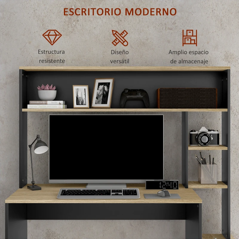 HOMCOM Mesa de Ordenador con Estantes Escritorio con Estanterías Soporte para Monitor CPU 114x45x138 cm Gris y Natural