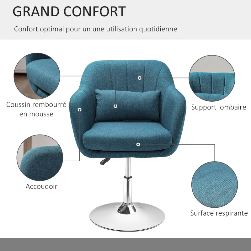 HOMCOM Fauteuil de salon chaise relax fauteuil de chambre grand confort - coussins lombaires hauteur réglable pivotant 360° piètement en métal chromé - bleu canard