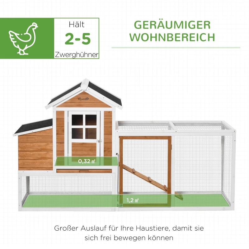 PawHut Zwerghühnerstall Zwerghühnerhaus mit Nistkasten Rampe Zwerghühnervoliere mit Auslauf Asphaltdach 2 Ebenen XXL winterfest sitzstange Tannenholz Stahl 192,7 x 78,9 x 111 cm