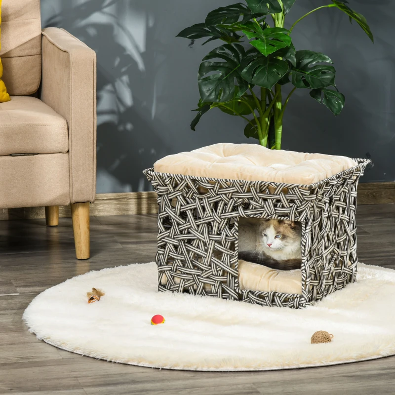 PawHut Cesta de Ratán para Gatos de 2 Pisos Cueva Cama de Gato Tipo Caseta con 2 Cojines Suaves Estructura de Metal 51x42x37 cm Gris y Beige