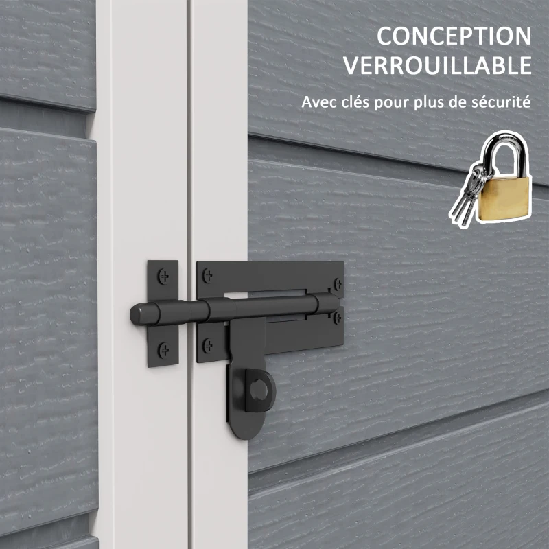 Outsunny Abri de jardin cabanon en résine polypropylène 2,12 m² - 2 portes 1 fenêtre et 1 grille d'aération, toit en pente, gris(m-7)