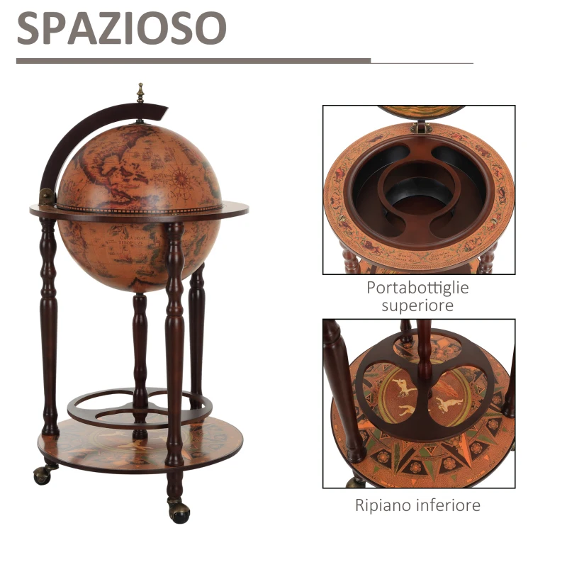 HOMCOM Mappamondo Bar, Minibar da Casa, Mappamondo Portabottiglie e Porta Liquori in Legno con 3 Ruote Ф47x90cm