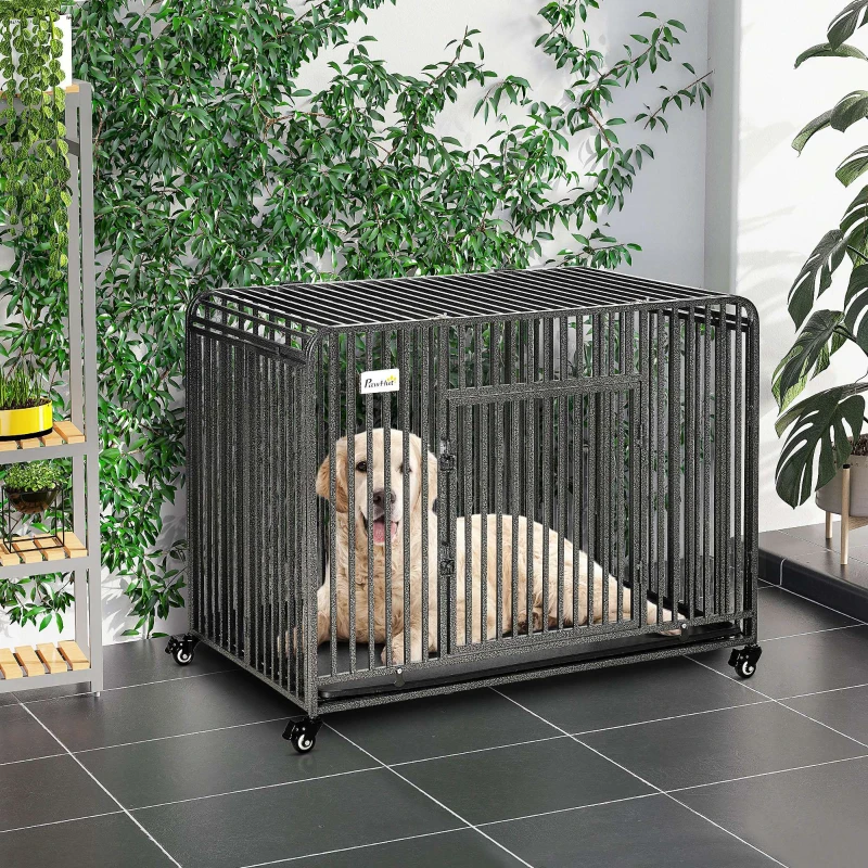 PawHut Foldable Heavy Duty Dog Crate on Wheels, with Removable Tray, for Medium and Large Dogs