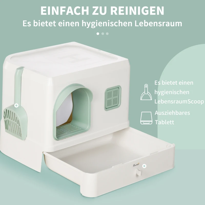 PawHut Katzentoilette mit Abdeckung, 1 Streuschaufel, herausnehmbare Bodenwanne, 50 cm x 40 cm x 40 cm, Mintgrün + Weiß