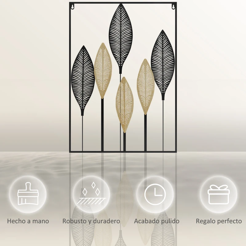 HOMCOM Decoración de Pared de Metal de Hojas de Plátano 3D Adorno Colgante para Salón Dormitorio 50x70 cm Negro y Beige