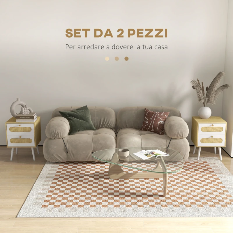 HOMCOM Comodino con Cassetti Set 2 Pezzi in Truciolato e MDF in stile Boho, 40x40x55 cm, Rovere e Bianco
