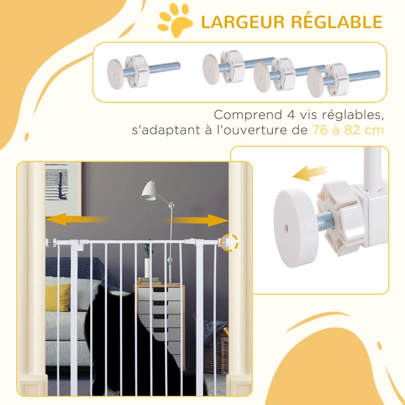 PawHut Barrière de sécurité longueur réglable dim. 76-82l x 76H cm sans perçage métal plastique blanc