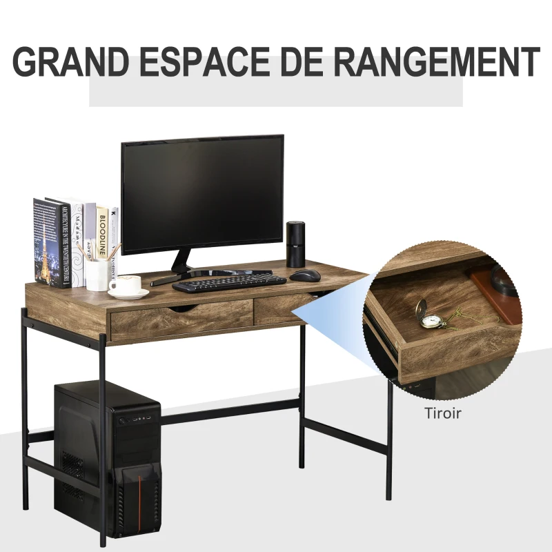 HOMCOM Bureau Style Industriel dim. 110L x 55l x 75H cm cm tiroir + 2 tiroirs piètement métal Noir Plateau MDF Aspect Bois