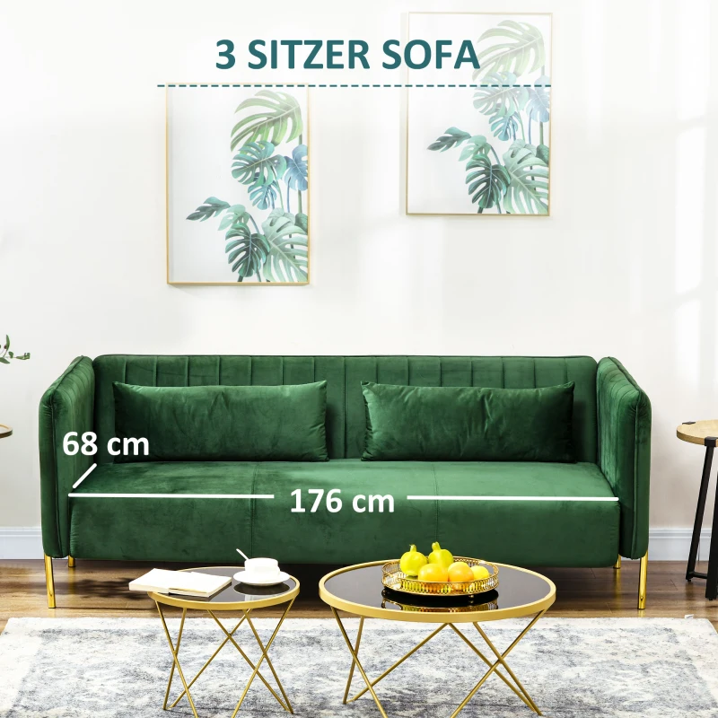 HOMCOM Sofa 3-Sitzer-Sofa Couch, inkl. 2 Kissen, Samtoptik, Retro-Design, abnehmbarer Bezug, 195 cm x 88 cm x 76 cm Grün
