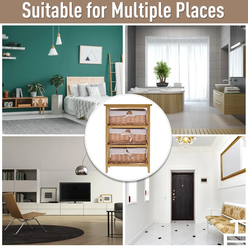 HOMCOM 3 Drawer Dresser Wicker Basket Storage Shelf Unit Wooden Frame Home Organisation Cabinet Bedroom Office Furniture Natural Finish