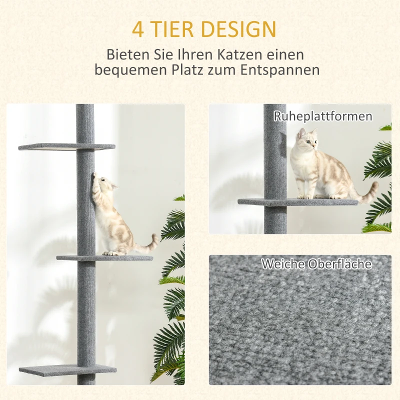 PawHut Kratzbaum deckenhoch Höhe 228-260 cm Katzenbaum mit Plattformen mehrstöckiger Katzenkratzbaum Kletterbaum für kleine & große Katzen, Grau