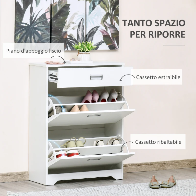 HOMCOM Scarpiera Moderna in Legno, 2 Cassetti con Mensola Regolabile per 16 Scarpe e Cassetto Piccolo, 70x29x92cm, Bianco