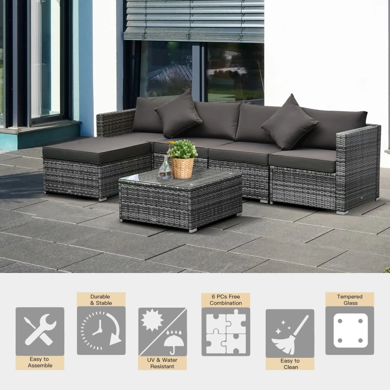 Outsunny 6 Pieces Rattan Garden Furniture Set, 5 Seater Sectional Garden Corner Sofa Set with Glass Top Coffee Table, Cushions and Pillows, All-Weather Wicker Conversation Furniture, Grey