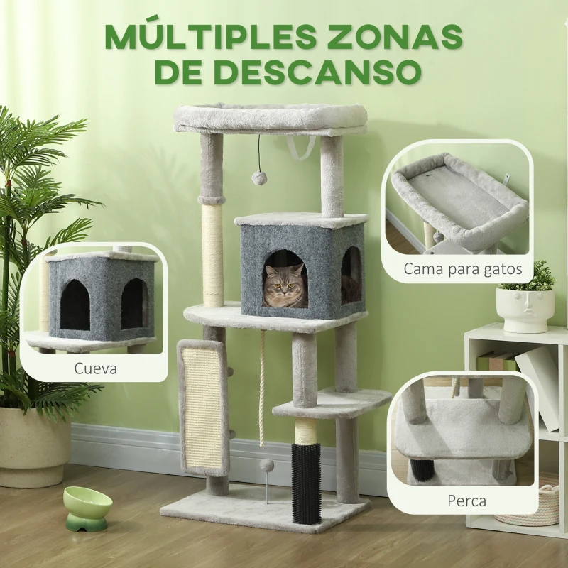 PawHut Árbol Rascador para Gatos 132 cm con Plataformas Poste con Cepillo Bolas Colgantes y Almohadilla para Rascar Gris Claro