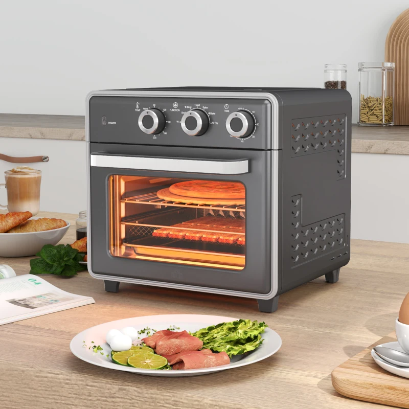 HOMCOM Minibackofen, 20L, 5 Funktionen, 360° Heißluft, Grillrost, Krümelblech, Grau(m-2)