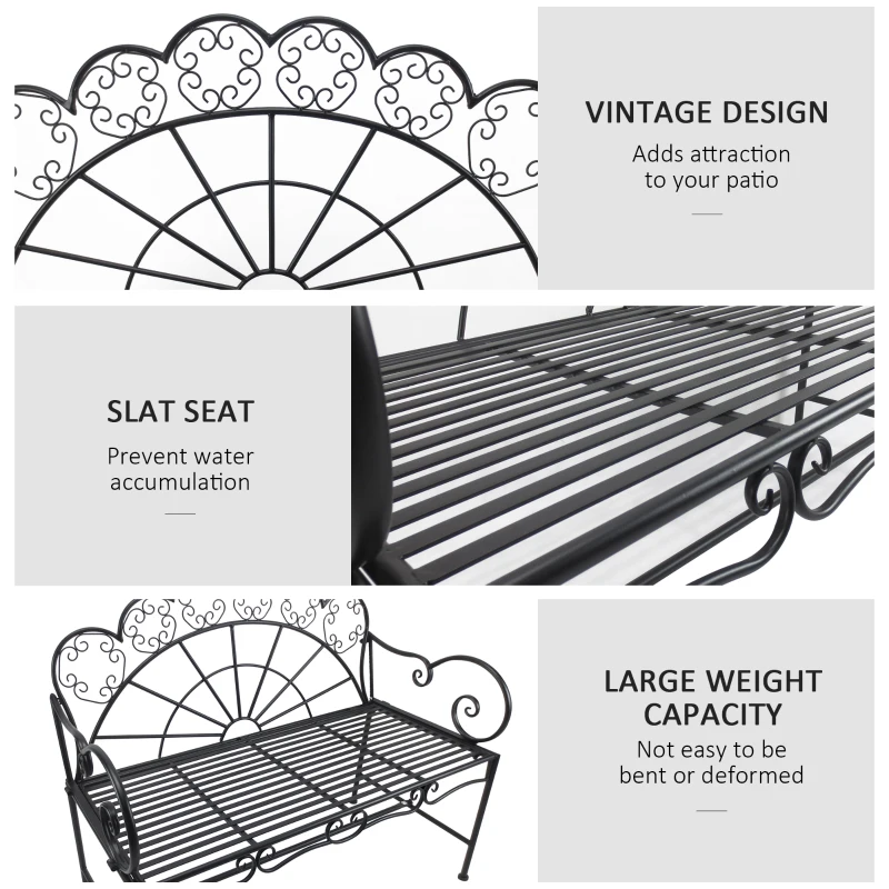 Outsunny Panchina da Giardino Biposto Stile Classico in Ferro 113 x 56.5 x 90.5cm, Nero