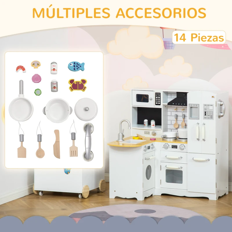 HOMCOM Cocina de Juguete de Madera para Niños de +3 Años con Sonidos 14 Accesorios Cocinita Infantil con Teléfono Fregadero Extraíble Microondas y Grifo 82x65x87 cm Blanco(m-6)