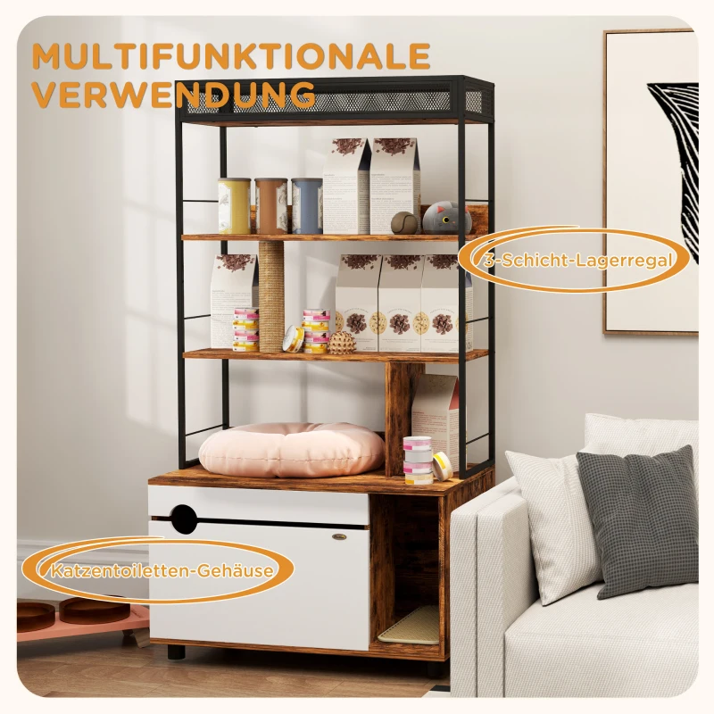 PawHut Katzentoilette mit 3-Ebenen-Regal und Kratzpfosten, geschlossenes Katzenklo, 80 x 48 x 152 cm, Braun(m-4)