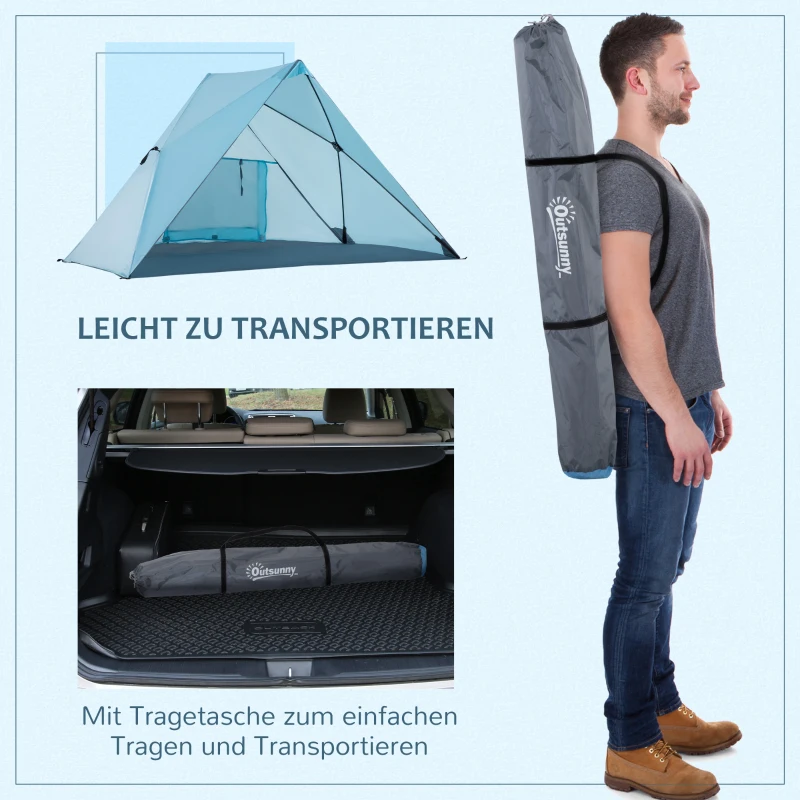 Outsunny Strandmuschel Strandzelt mit UV50+ Sonnenschutz Meshfenster Tragetasche Campingzelt 2-3 Personen Fiberglas Blau 210 x 147 x 120 cm