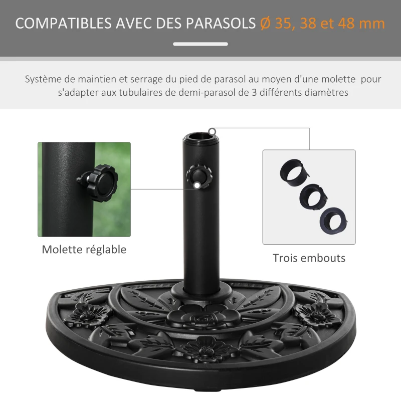 Outsunny Pied de demi-parasol demi-pied socle de parasol base de lestage ciment HDPE motif fleurs cannulation pour parasols Ø 35, 38 et 48 mm noir